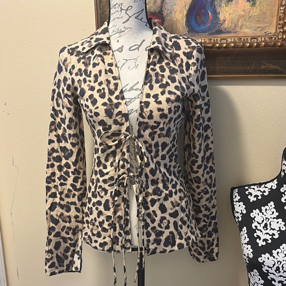 🐆Zara Leopard Print Lightweight Collar Cotton Long Sleeve dbl tie overtop